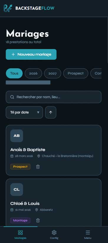 Tableau de bord BackstageFlow listant plusieurs dossiers avec leur date, lieu et statut